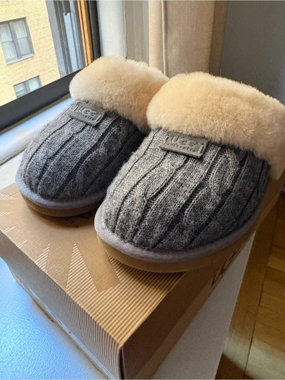 UGG Grey Cable-Knit Sheepskin Clog with Cream Fur Trim
